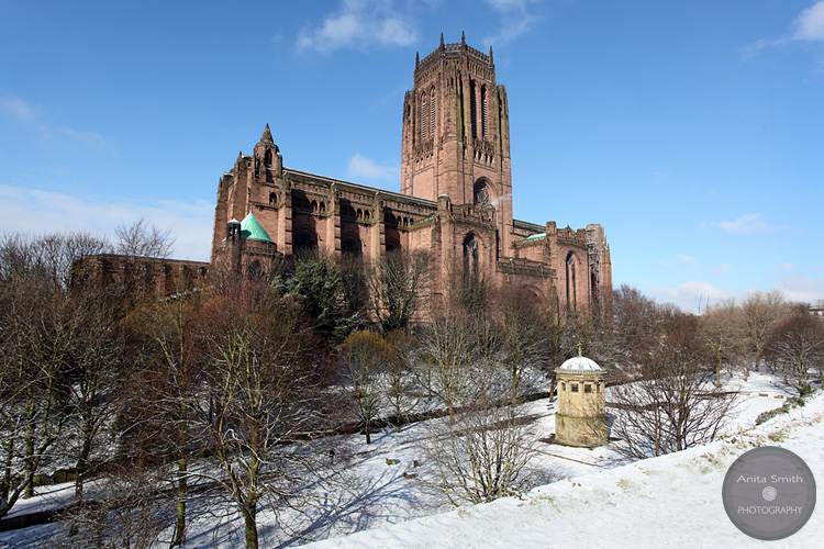 Liverpool Cathedral and St James Gardens in snow